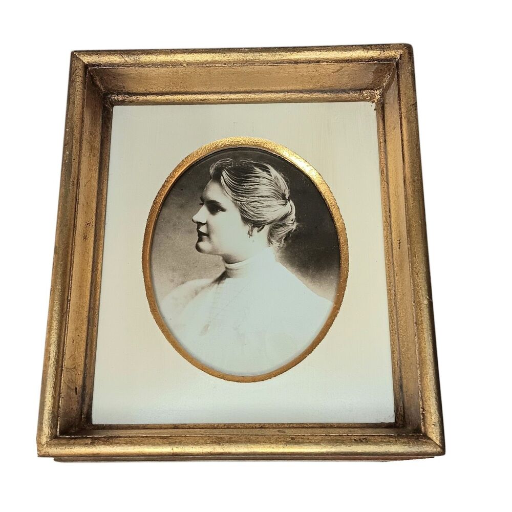 Vintage Miniature Black & White Oval Photo Of Woman In Deep Oval Gold Frame 6x7